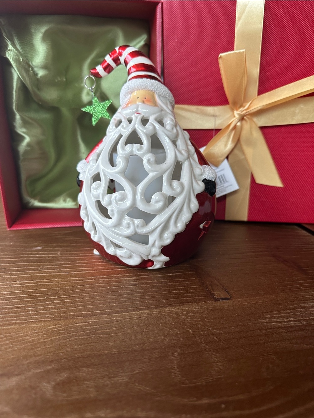 Santa luminary with flames candle. Ceramic Santa Figurine Holiday Decor